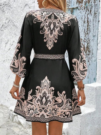 Paisley V-Neck 3/4 Sleeve Mini Dress Elegant Smart Buyer