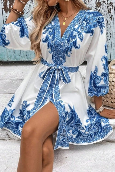 Paisley V-Neck 3/4 Sleeve Mini Dress Elegant Smart Buyer