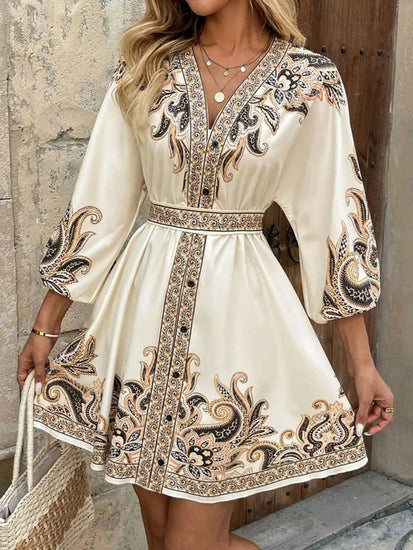 Paisley V-Neck 3/4 Sleeve Mini Dress Elegant Smart Buyer