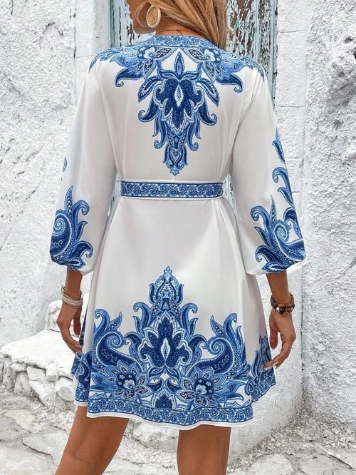 Paisley V-Neck 3/4 Sleeve Mini Dress Elegant Smart Buyer