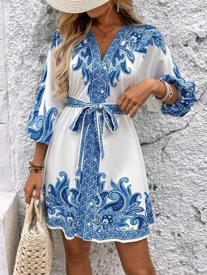 Paisley V-Neck 3/4 Sleeve Mini Dress Elegant Smart Buyer