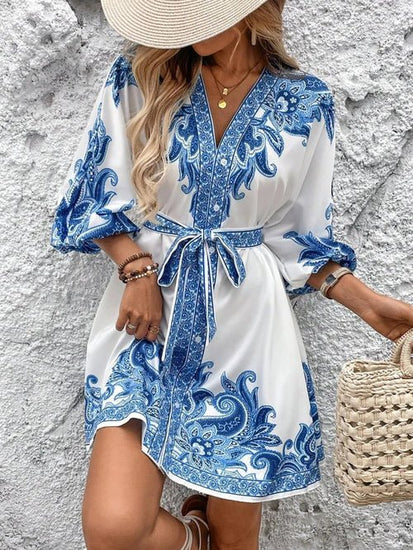 Paisley V-Neck 3/4 Sleeve Mini Dress Elegant Smart Buyer