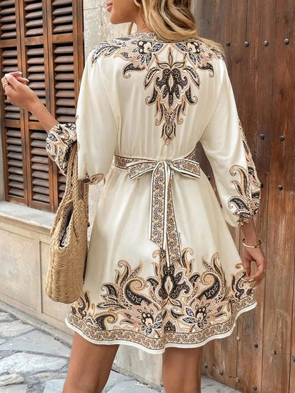 Paisley V-Neck 3/4 Sleeve Mini Dress Elegant Smart Buyer