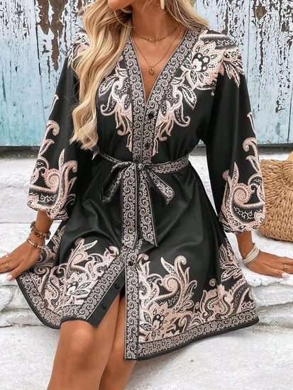 Paisley V-Neck 3/4 Sleeve Mini Dress Elegant Smart Buyer