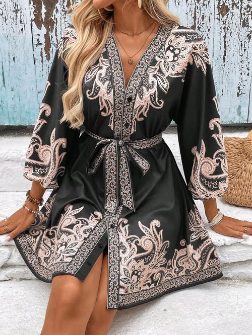 Paisley V-Neck 3/4 Sleeve Mini Dress Elegant Smart Buyer
