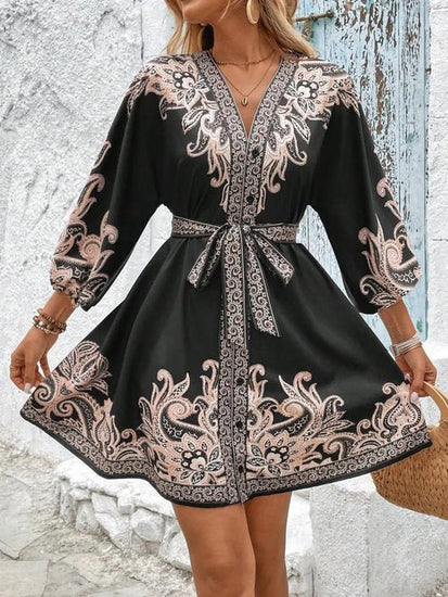 Paisley V-Neck 3/4 Sleeve Mini Dress Elegant Smart Buyer
