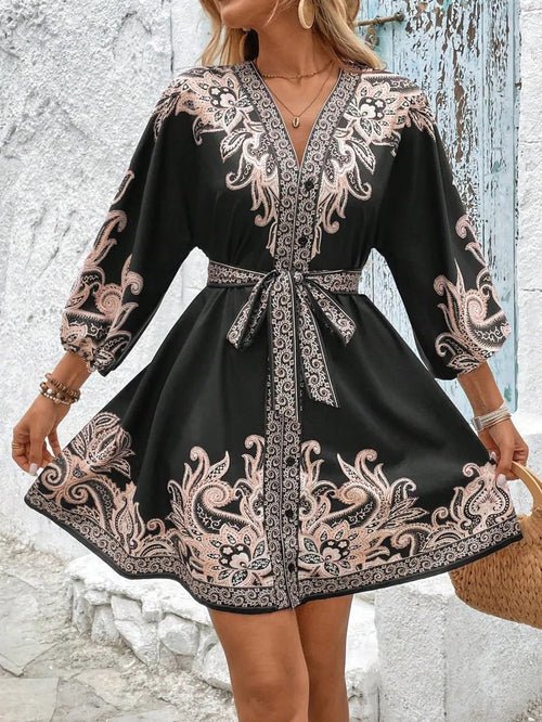 Paisley V-Neck 3/4 Sleeve Mini Dress Elegant Smart Buyer