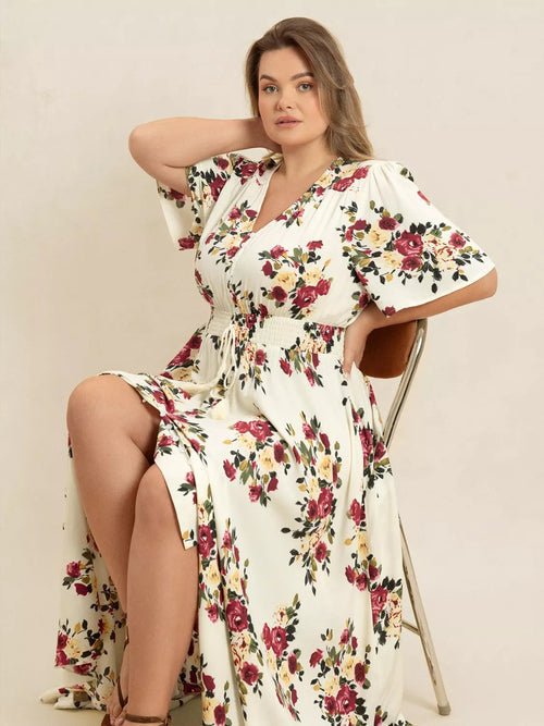 Plus Size Floral Flutter Sleeve Maxi Dress with Button Front Elegant Smart Buyer