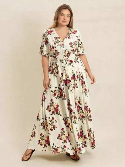 Plus Size Floral Flutter Sleeve Maxi Dress with Button Front Elegant Smart Buyer