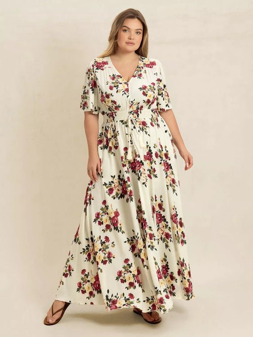 Plus Size Floral Flutter Sleeve Maxi Dress with Button Front Elegant Smart Buyer