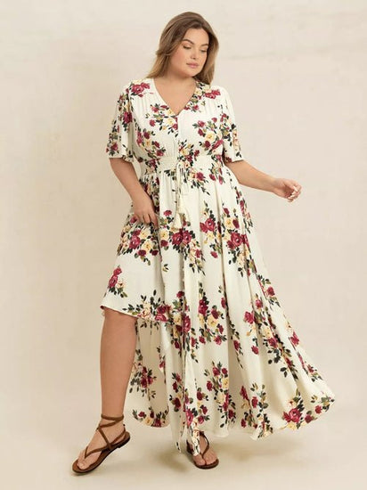 Plus Size Floral Flutter Sleeve Maxi Dress with Button Front Elegant Smart Buyer