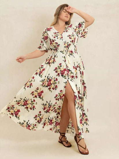 Plus Size Floral Flutter Sleeve Maxi Dress with Button Front Elegant Smart Buyer