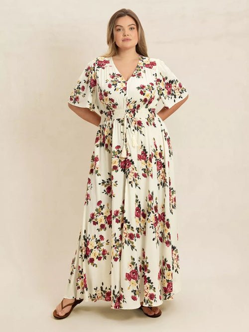Plus Size Floral Flutter Sleeve Maxi Dress with Button Front Elegant Smart Buyer