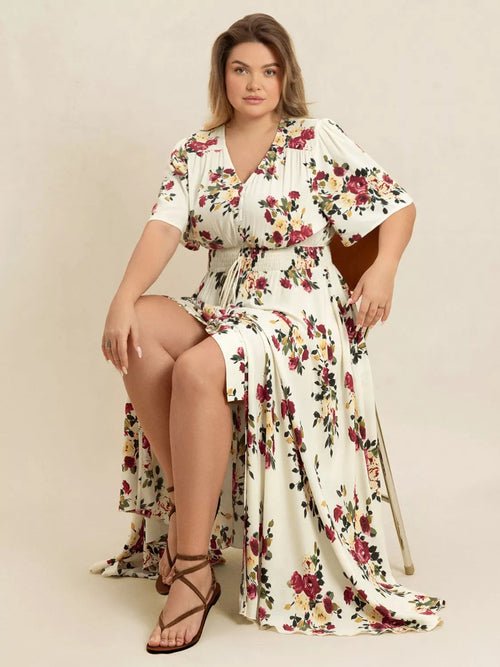 Plus Size Floral Flutter Sleeve Maxi Dress with Button Front Elegant Smart Buyer