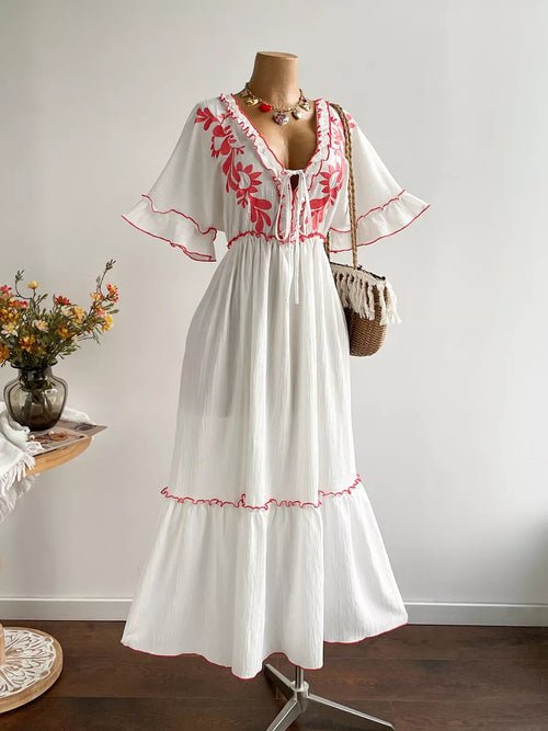 Plus Size Front Tie Maxi Dress with Floral Embroidered Elegant Smart Buyer