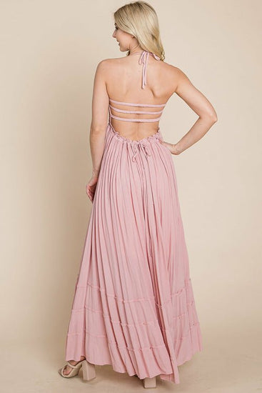 Smocked Flowy Boho Pleated Backless Maxi Dress Elegant Smart Buyer