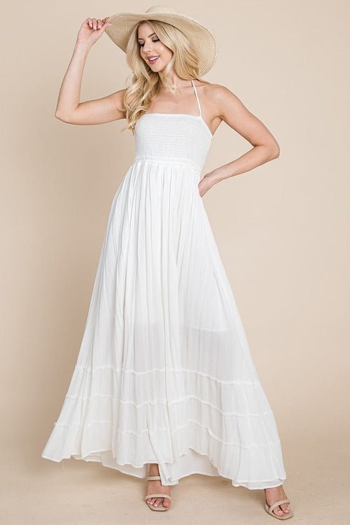 Smocked Flowy Boho Pleated Backless Maxi Dress Elegant Smart Buyer