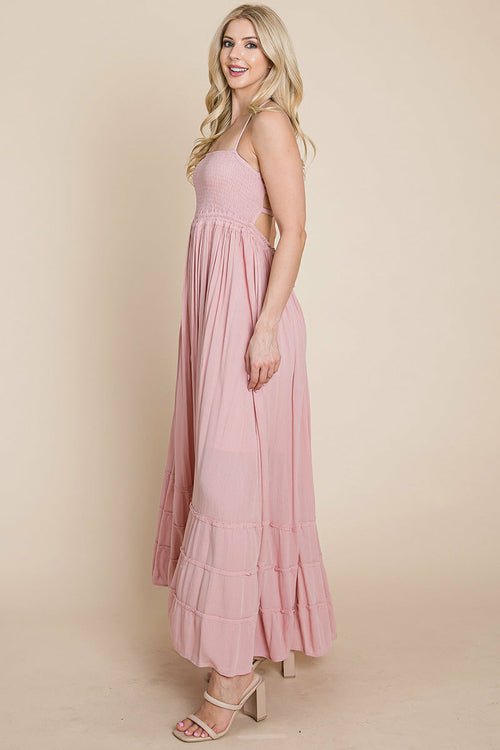 Smocked Flowy Boho Pleated Backless Maxi Dress Elegant Smart Buyer