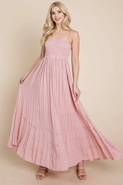 Smocked Flowy Boho Pleated Backless Maxi Dress Elegant Smart Buyer