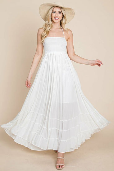 Smocked Flowy Boho Pleated Backless Maxi Dress Elegant Smart Buyer