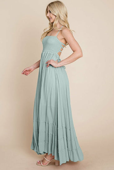 Smocked Flowy Boho Pleated Backless Maxi Dress Elegant Smart Buyer