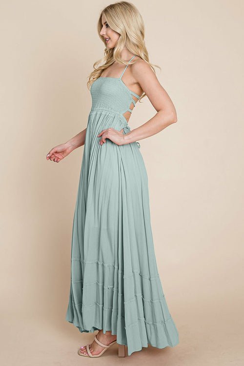 Smocked Flowy Boho Pleated Backless Maxi Dress Elegant Smart Buyer