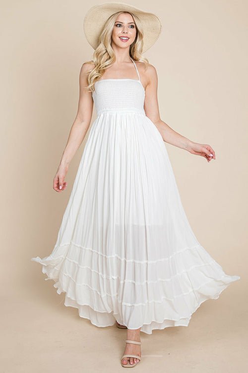 Smocked Flowy Boho Pleated Backless Maxi Dress Elegant Smart Buyer