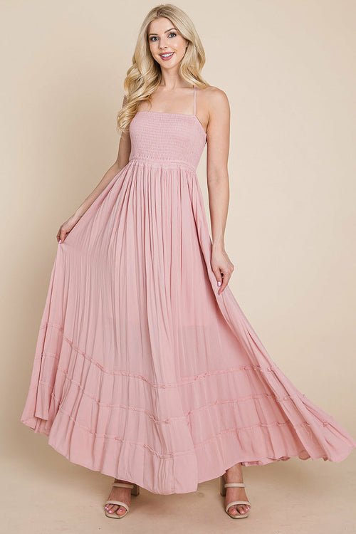 Smocked Flowy Boho Pleated Backless Maxi Dress Elegant Smart Buyer