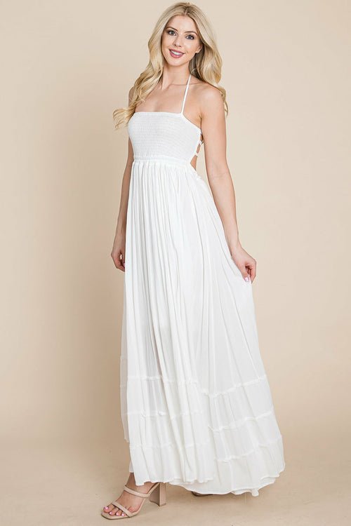 Smocked Flowy Boho Pleated Backless Maxi Dress Elegant Smart Buyer