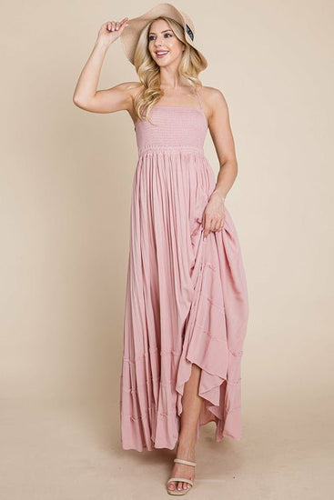 Smocked Flowy Boho Pleated Backless Maxi Dress Elegant Smart Buyer
