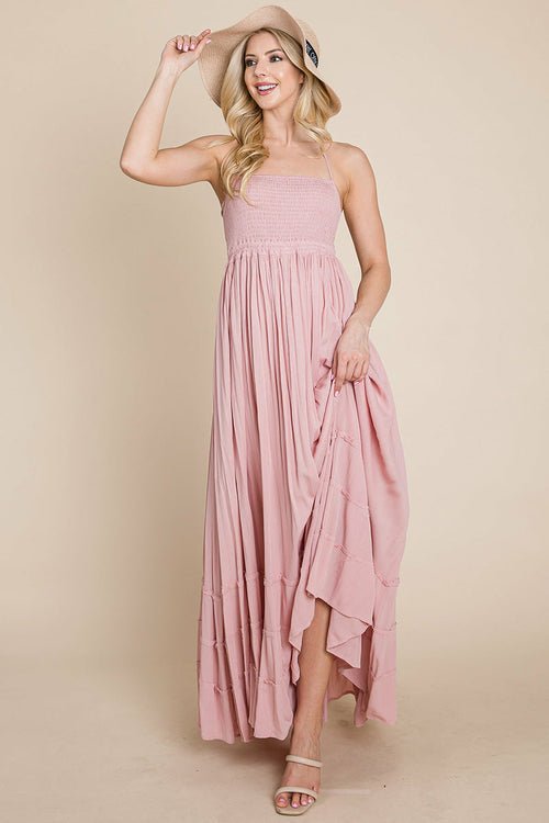 Smocked Flowy Boho Pleated Backless Maxi Dress Elegant Smart Buyer