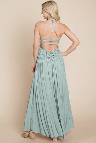 Smocked Flowy Boho Pleated Backless Maxi Dress Elegant Smart Buyer