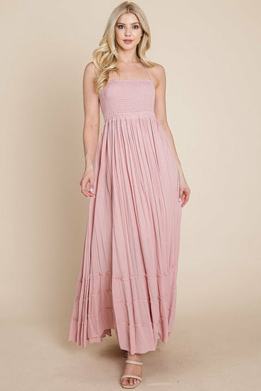 Smocked Flowy Boho Pleated Backless Maxi Dress Elegant Smart Buyer