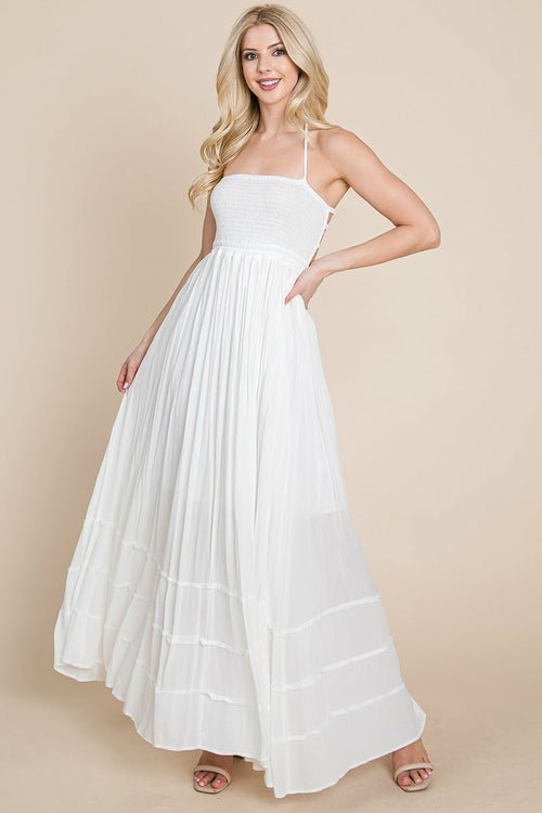 Smocked Flowy Boho Pleated Backless Maxi Dress Elegant Smart Buyer