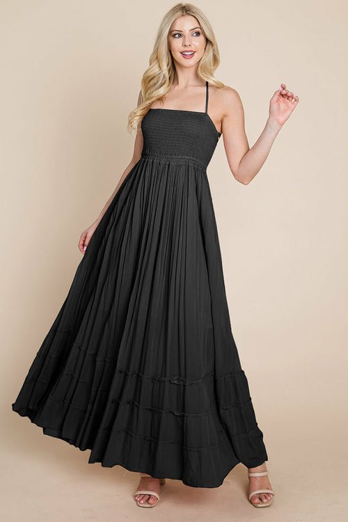 Smocked Flowy Boho Pleated Backless Maxi Dress Elegant Smart Buyer