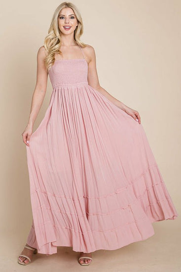 Smocked Flowy Boho Pleated Backless Maxi Dress Elegant Smart Buyer