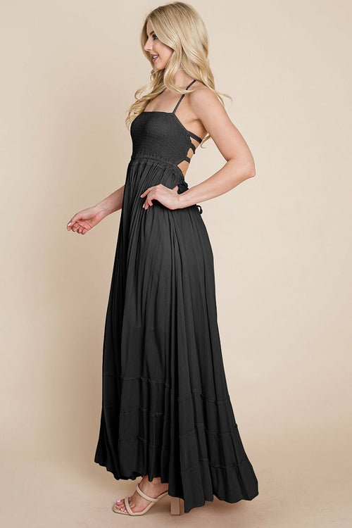Smocked Flowy Boho Pleated Backless Maxi Dress Elegant Smart Buyer