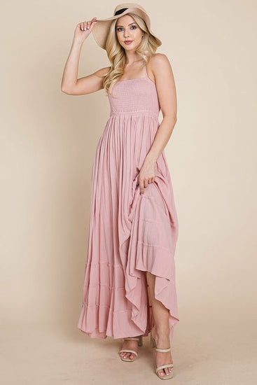 Smocked Flowy Boho Pleated Backless Maxi Dress Elegant Smart Buyer