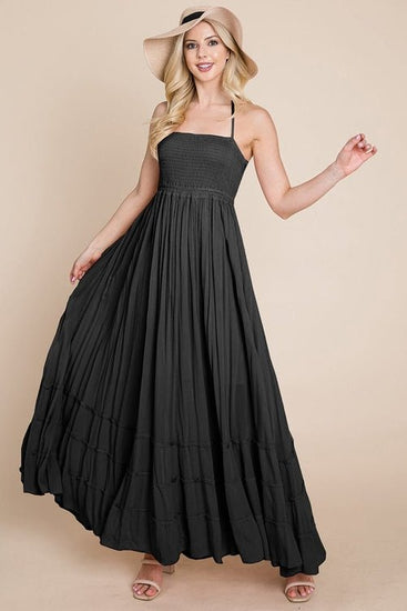 Smocked Flowy Boho Pleated Backless Maxi Dress Elegant Smart Buyer