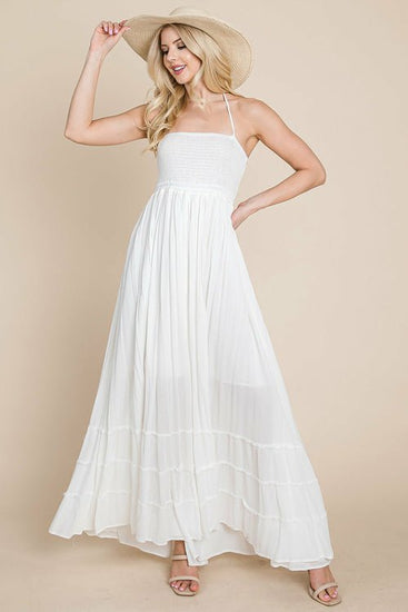 Smocked Flowy Boho Pleated Backless Maxi Dress Elegant Smart Buyer