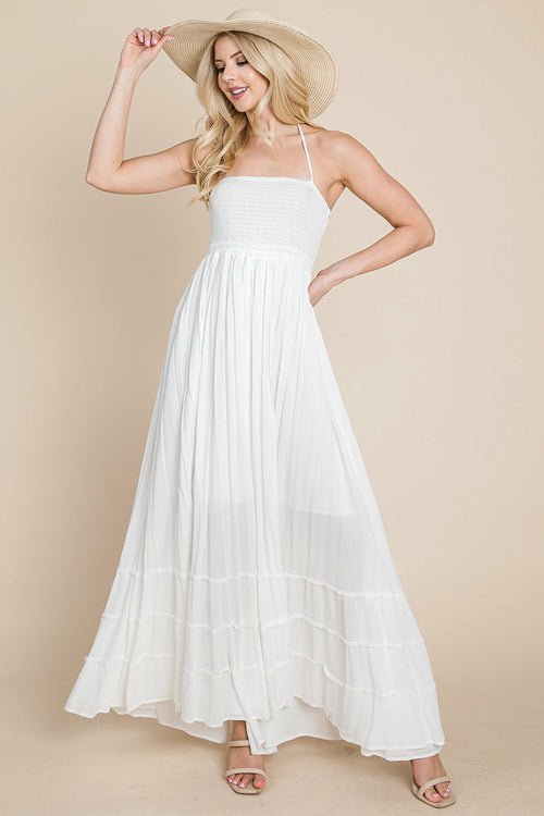 Smocked Flowy Boho Pleated Backless Maxi Dress Elegant Smart Buyer