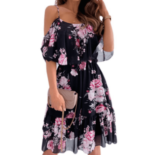 Women Cold Shoulder Ruffle Chiffon Beach Dress Elegant Smart Buyer