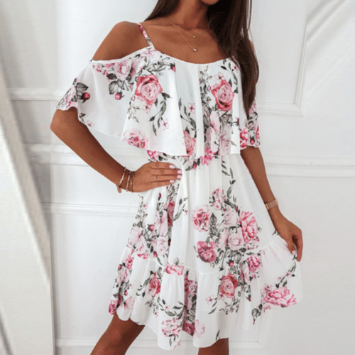 Women Cold Shoulder Ruffle Chiffon Beach Dress Elegant Smart Buyer