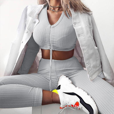 Sexy Knitted Long Sleeve Gray Jumpsuit Women Two Piece Suit