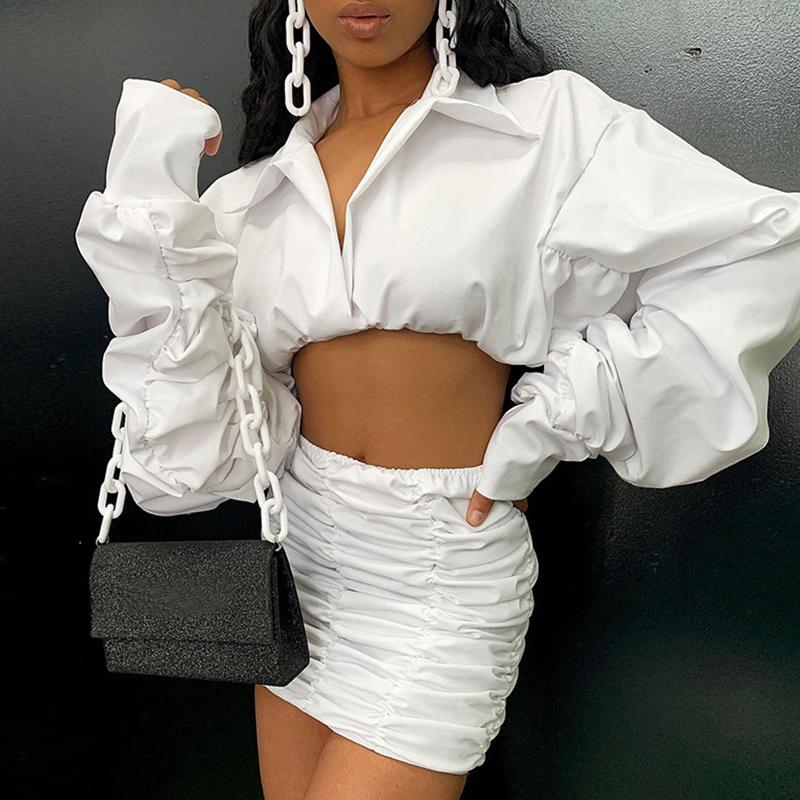 Elegant Two Piece Pleated White Bodycon Dress