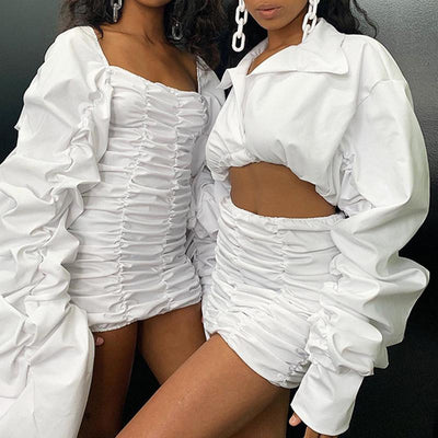 Elegant Two Piece Pleated White Bodycon Dress