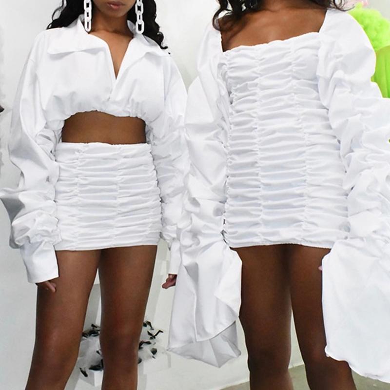 Elegant Two Piece Pleated White Bodycon Dress