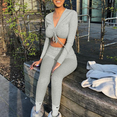 Sexy Knitted Long Sleeve Gray Jumpsuit Women Two Piece Suit