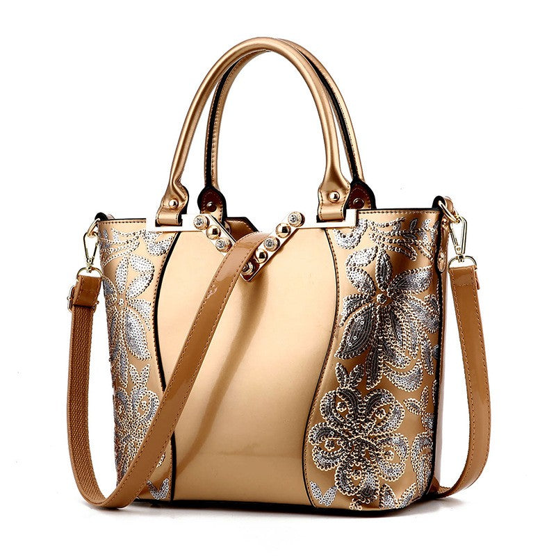 Black Embroidered Bright Leather Shoulder Bag