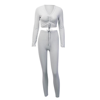Sexy Knitted Long Sleeve Gray Jumpsuit Women Two Piece Suit